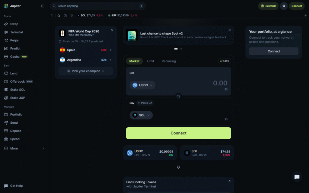 Jupiter DEX aggregator homepage captured July 2026 showing Solana-native routing and swap framing