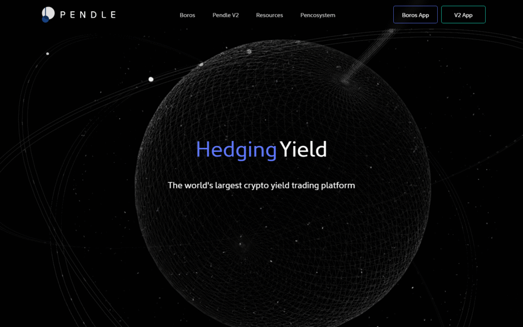 Pendle Finance homepage captured July 2026 showing yield trading and PT/YT token design