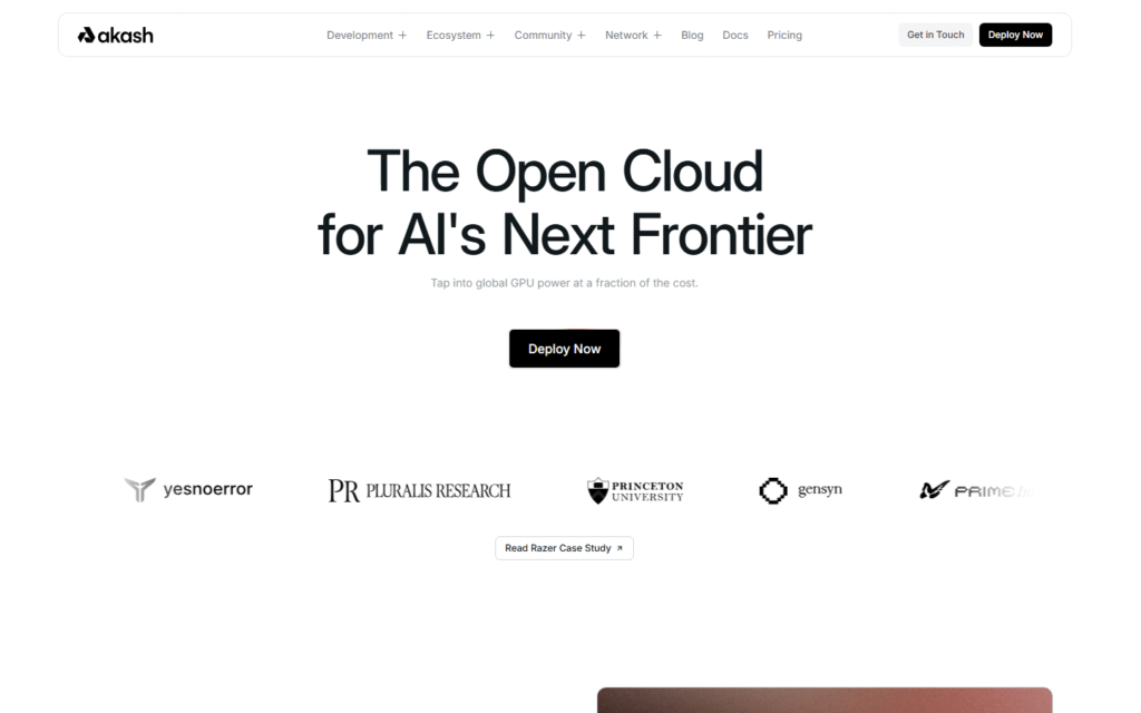 Akash Network homepage captured July 2026 showing decentralized cloud compute and AI-first positioning