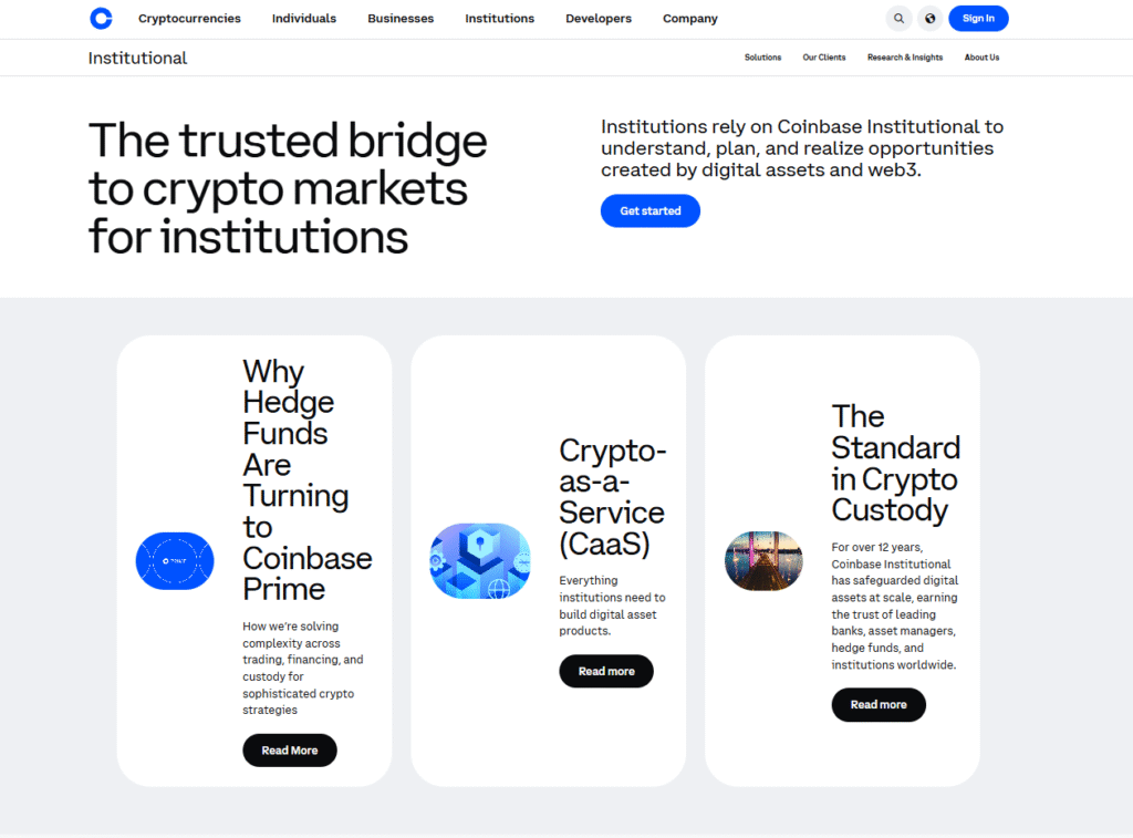 Coinbase institutional page showing crypto infrastructure for institutional clients reviewed July 2026