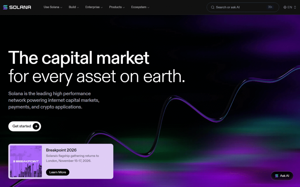 Solana homepage captured July 2026 showing capital market positioning and high-performance network framing
