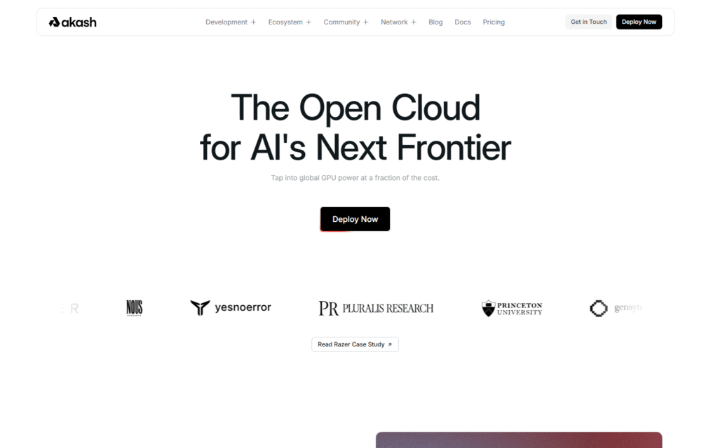 Akash Network homepage captured July 2026 showing decentralized cloud compute and developer-first positioning