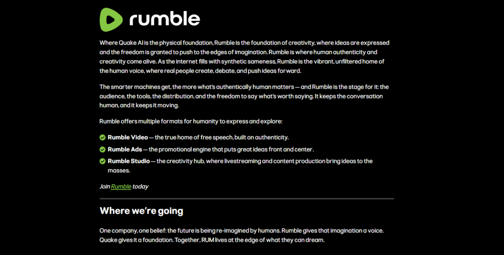 Rumble official corporate website, captured July 31, 2026