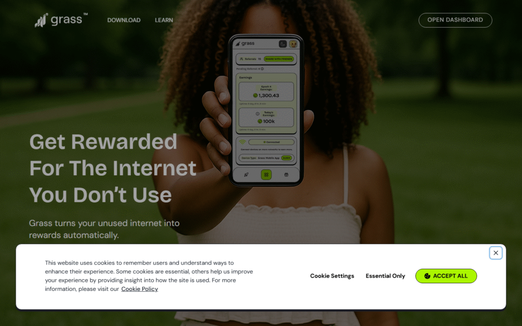 Grass homepage captured July 2026 showing decentralized bandwidth and data network framing