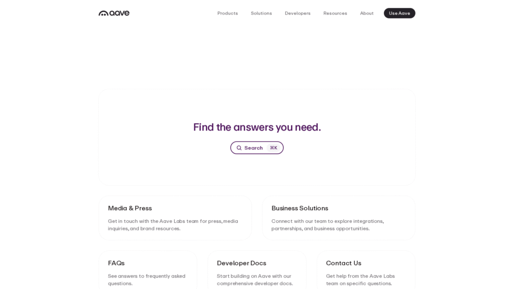 Aave help page showing support-led product structure reviewed in July 2026