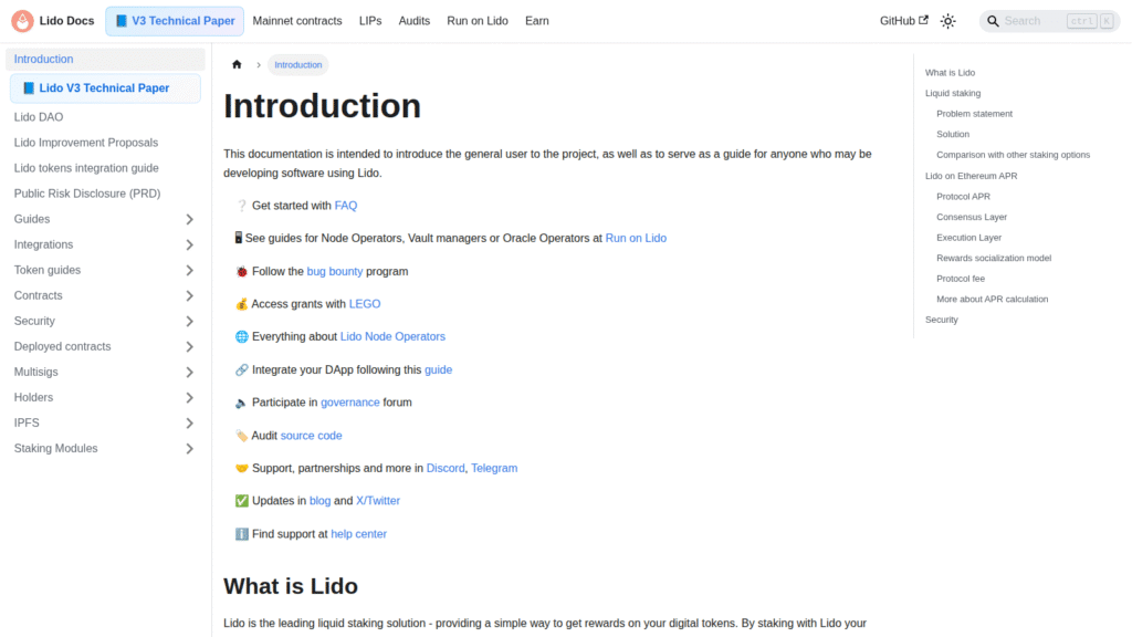 Lido docs homepage showing liquid staking infrastructure reviewed July 2026