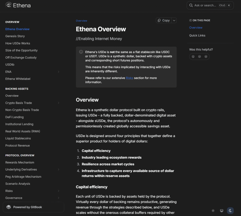 Ethena docs homepage reviewed July 2026 showing USDe synthetic dollar structure
