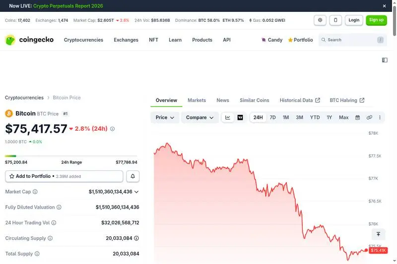 Bitcoin price chart on CoinGecko showing BTC market data, providing context for institutional IBIT ETF investment