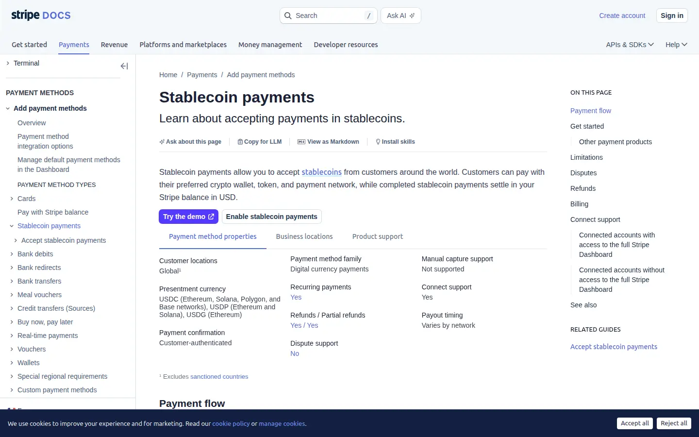 Stripe stablecoin payments docs screenshot
