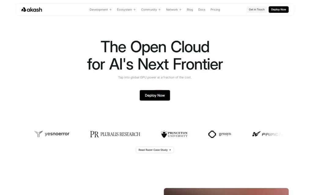 Akash Network homepage captured July 2026 showing decentralized cloud compute and AI-first positioning