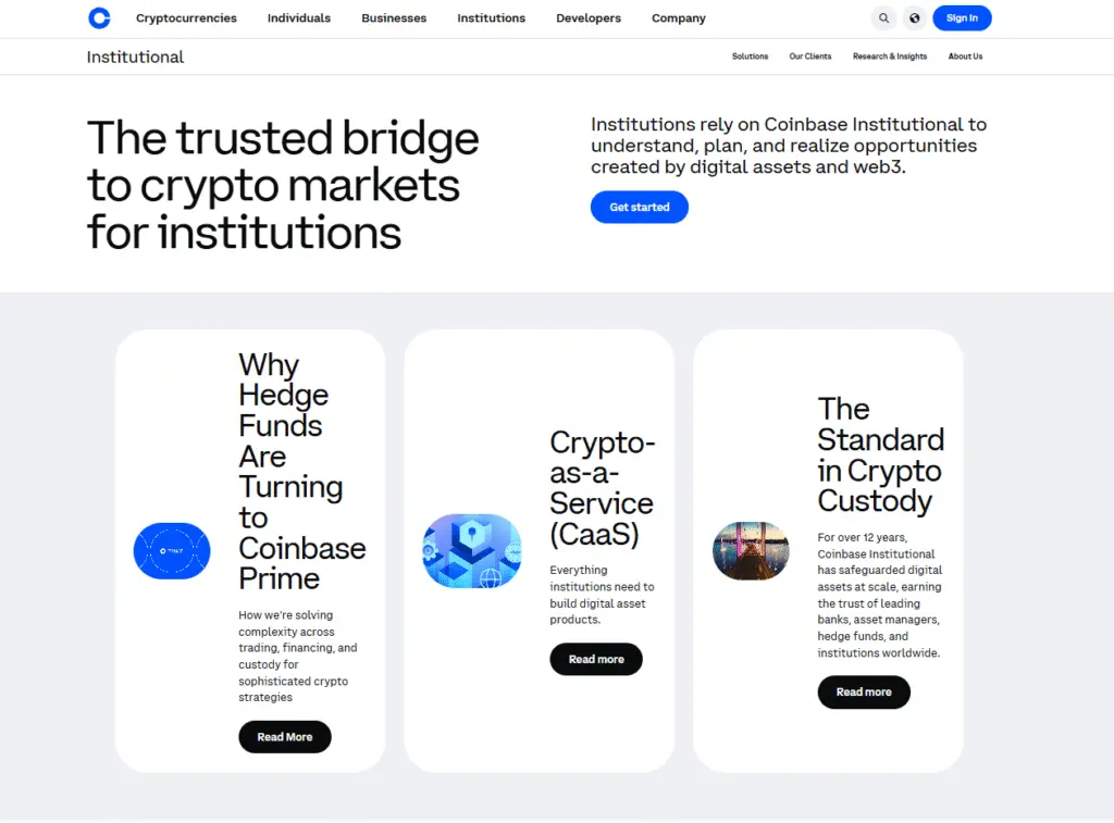 Coinbase institutional page showing crypto infrastructure for institutional clients reviewed July 2026