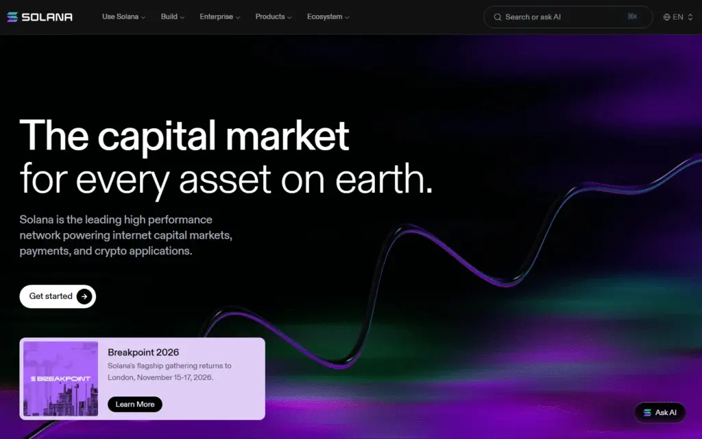 Solana homepage captured July 2026 showing capital market positioning and high-performance network framing