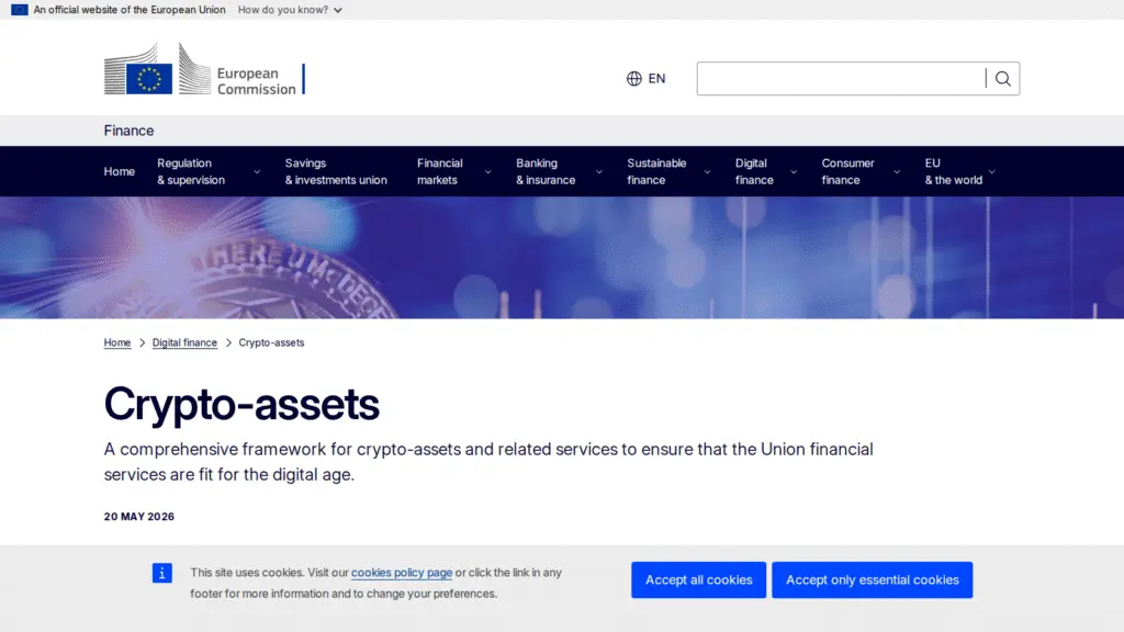 European Commission crypto-assets regulatory framework page showing MiCA implementation reviewed July 2026
