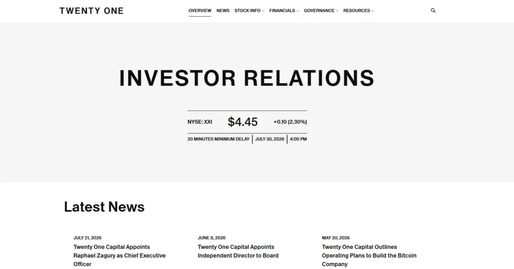 Twenty One Capital investor-relations website, captured July 31, 2026