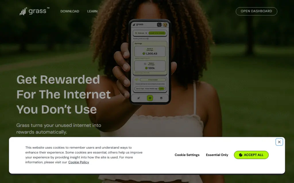Grass homepage captured July 2026 showing decentralized bandwidth and data network framing