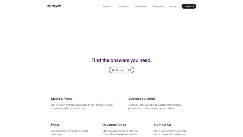 Aave help page showing support-led product structure reviewed in July 2026