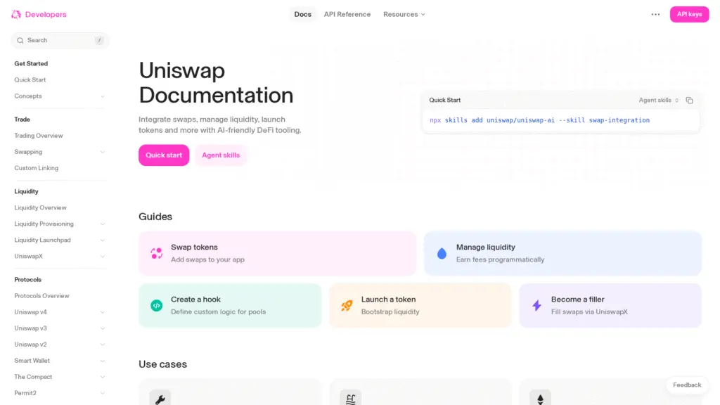 Uniswap docs homepage showing developer and protocol integration framing reviewed July 2026