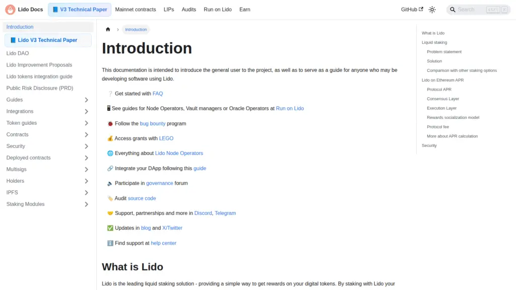 Lido docs homepage showing liquid staking infrastructure reviewed July 2026