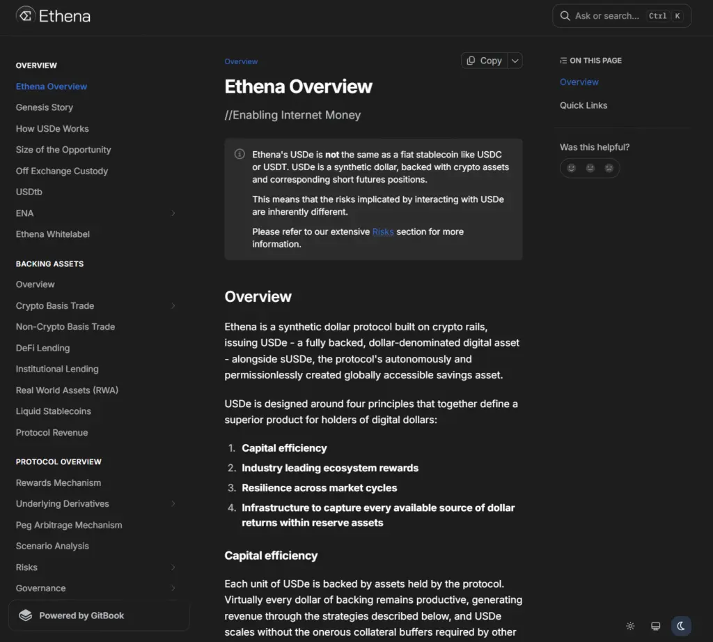 Ethena docs homepage reviewed July 2026 showing USDe synthetic dollar structure