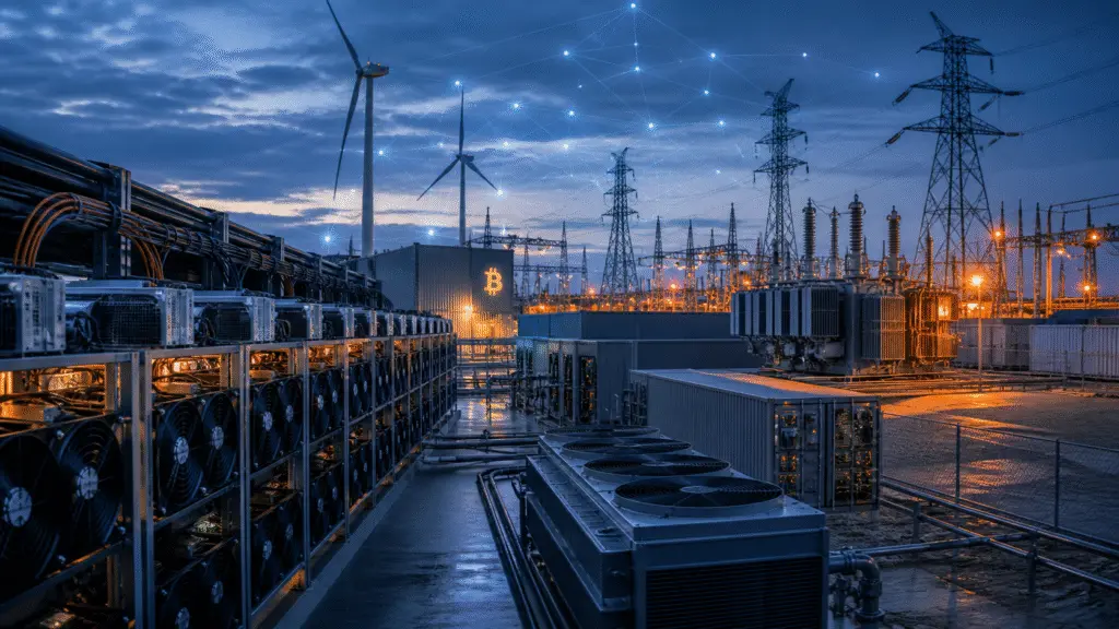 Bitcoin mining facility with ASIC machines and power infrastructure
