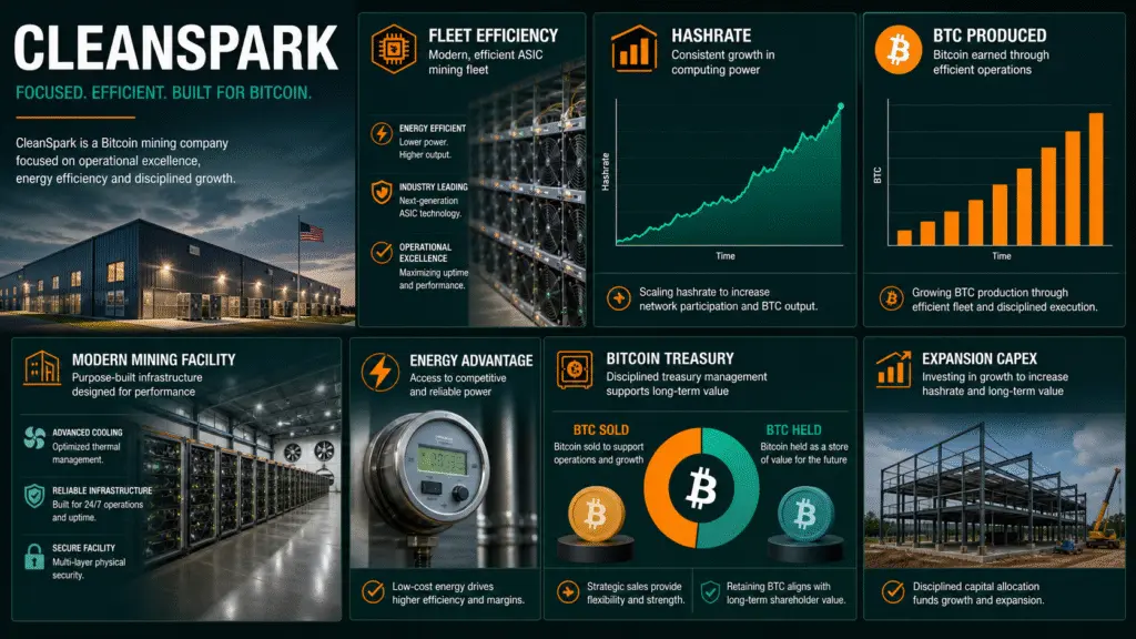 CleanSpark mining model: fleet efficiency and expansion determine how much BTC can be produced and retained. Source: CleanSpark .