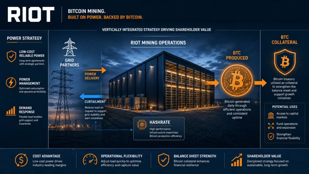 Riot mining model: power management and curtailment sit alongside production, hashrate and BTC collateral. Source: Riot Platforms .