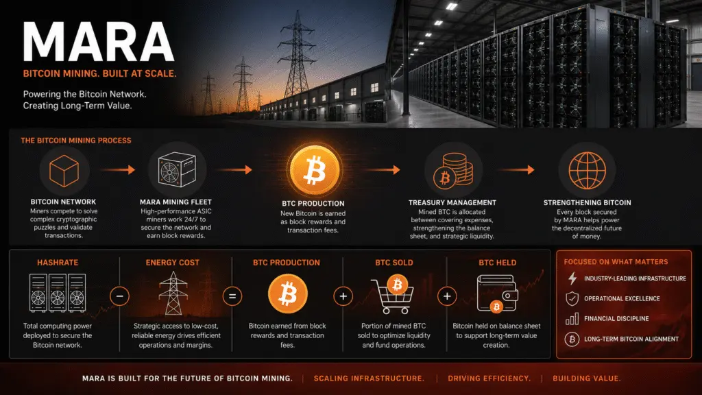 MARA mining model: infrastructure converts power and hashrate into BTC production, with some BTC sold and some retained. Source: MARA .