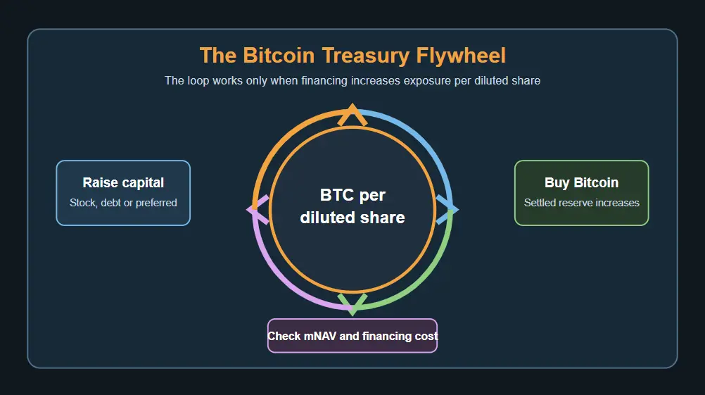 Strategy Bitcoin treasury flywheel: capital raising, settled BTC purchases, per-share exposure and the financing test.