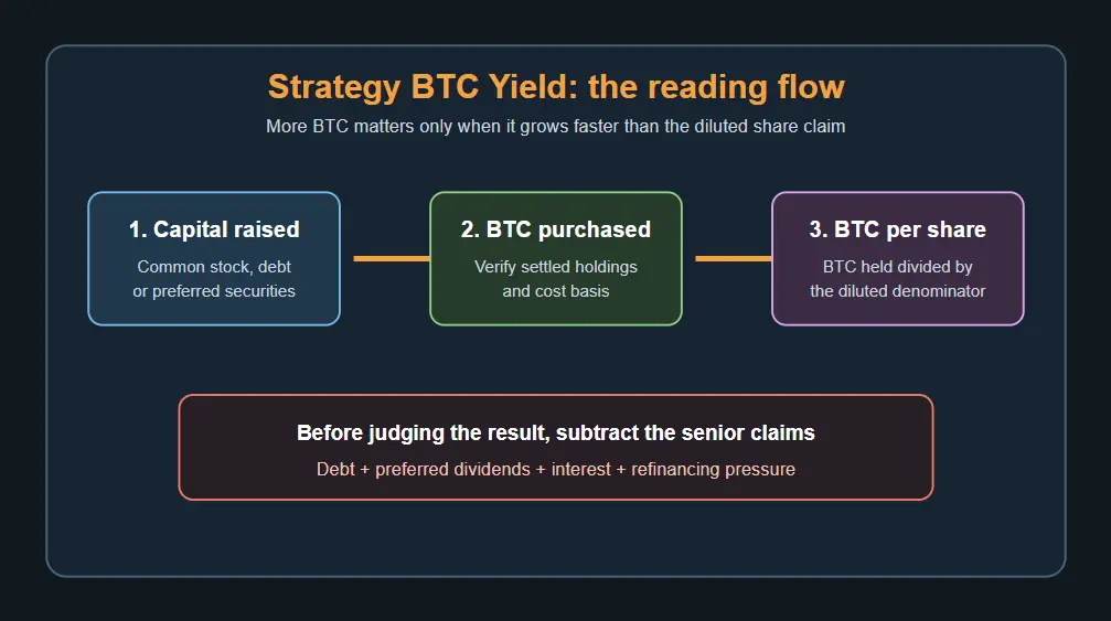 Strategy BTC Yield flow: financing enters the BTC reserve, while senior claims remain ahead of MSTR common equity.