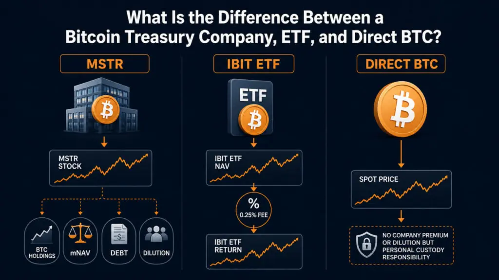 MSTR, IBIT and direct BTC follow different return drivers: equity valuation and capital structure, ETF fees and NAV tracking, or the Bitcoin spot price and personal custody.