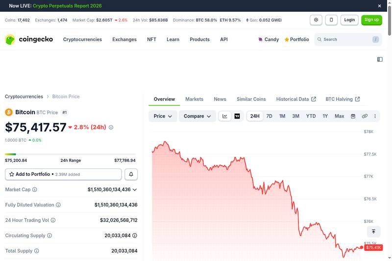 Bitcoin price chart on CoinGecko showing BTC market data, providing context for institutional IBIT ETF investment